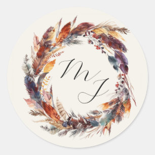 Pegatina Redonda Boho Feathers Floral Wreath Monograma Boda