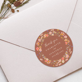 Pegatina Redonda Boho Flor Silvestre Naranja Quemada Boda Agradecim