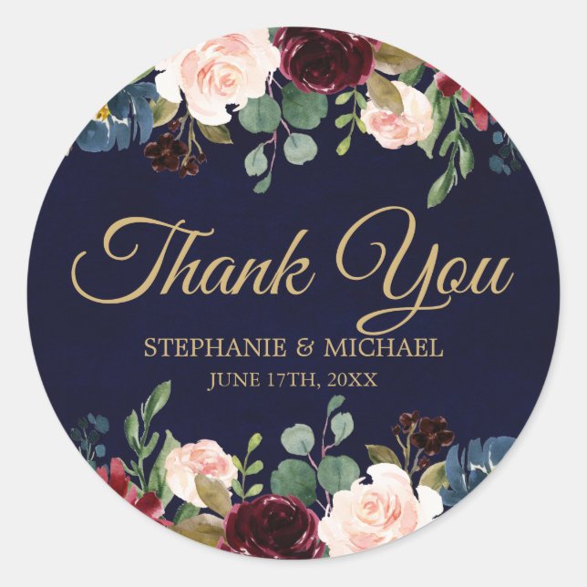 Pegatina Redonda Boho floral de la Marina Roja de Borgoña Gracias (Anverso)