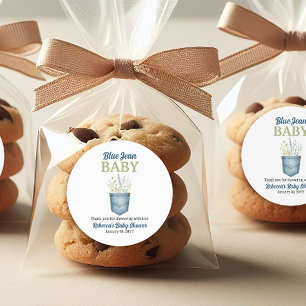 Pegatina Redonda Boho Floral Denim Pocket Blue Jean Baby Shower