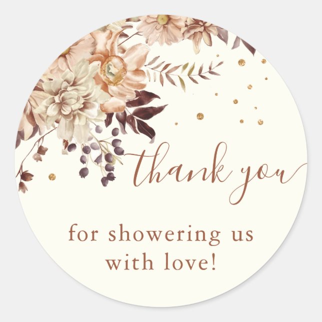 Pegatina Redonda Boho Floral Fall Baby Shower Classic Round Pegatin (Anverso)