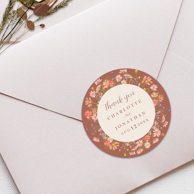 Pegatina Redonda Boho Floral Fall Quemado Naranja Boda Gracias (Boho fall rustic Wildflower floral burnt orange and beige Wedding thank you custom stickers)