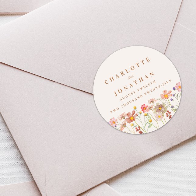 Pegatina Redonda Boho Floral Fall Wedding (Boho fall rustic Wildflower floral custom Wedding sticker watercolor flowers elegant modern)