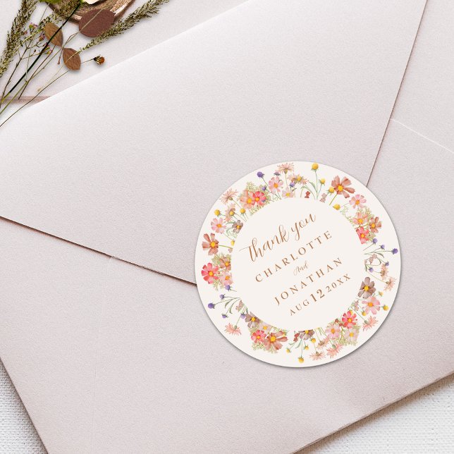 Pegatina Redonda Boho Floral Fall Wedding Gracias (Boho wildflower rustic fall wedding thank you sticker beige cream ivory watercolor florals)