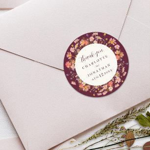 Pegatina Redonda Boho Floral Otoño Burgundy Agradecimiento Boda