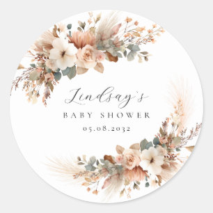 Pegatina Redonda Boho Floral Pampas Grass Baby Shower
