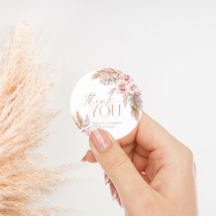 Pegatina Redonda Boho Floral Pampas Rosa Dorado Gracias