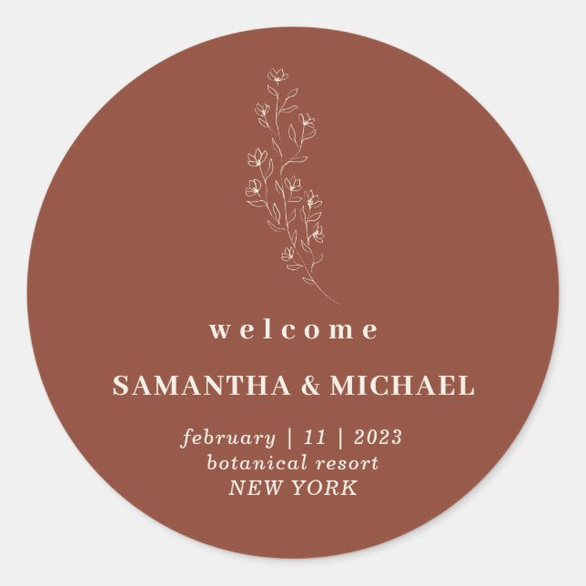 Pegatina Redonda Boho floral Terracotta Indie Bienvenidos al Boda (Anverso)