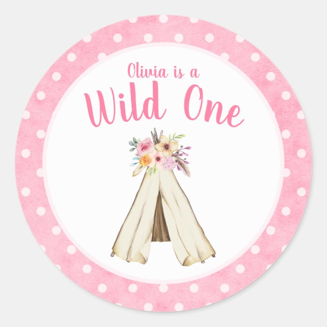 Pegatina Redonda Boho Floral Tribal Teepee Wild Un primer cumpleaño (Anverso)