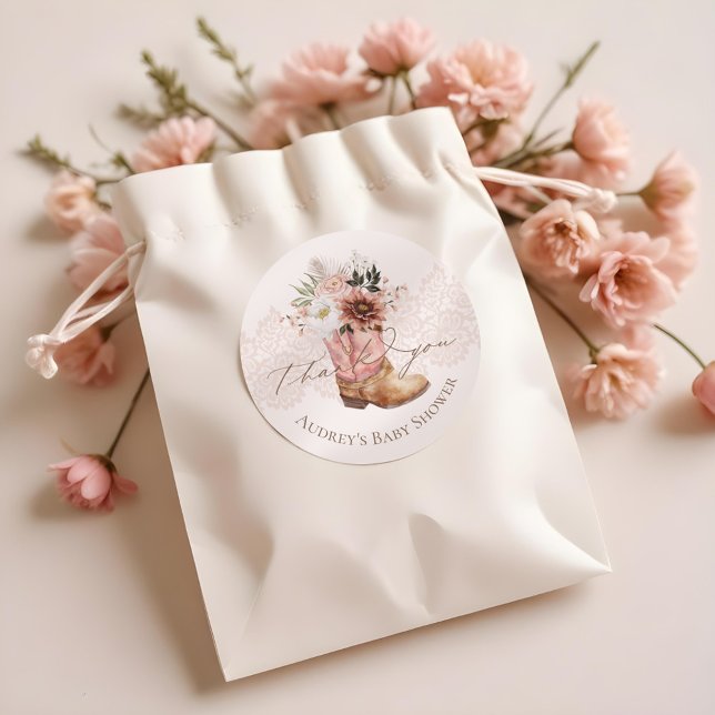 Pegatina Redonda Boho Floral Western Pink Cowgirl Boot Gracias (Boho Floral Western Pink Cowgirl Boot Thank You Classic Round Sticker)