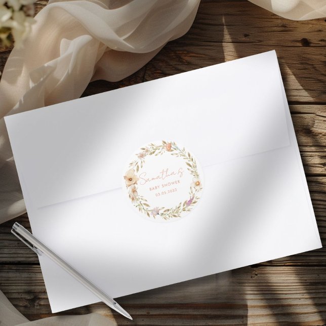 Pegatina Redonda Boho Flower Baby Shower (Boho Flower Baby Shower Custom Classic Round Sticker with your Name & Date. For Baby Girl & Baby Boy)