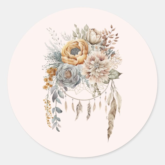 Pegatina Redonda Boho Flower Bouquet y Dreamcatcher (Anverso)