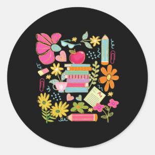 Pegatina Redonda Boho Flower Teacher libro Apple Pencil Funny Back