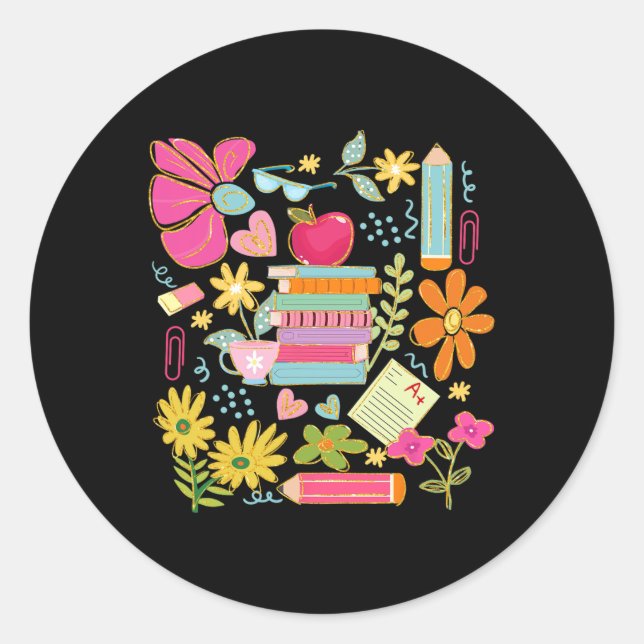 Pegatina Redonda Boho Flower Teacher libro Apple Pencil Funny Back  (Anverso)