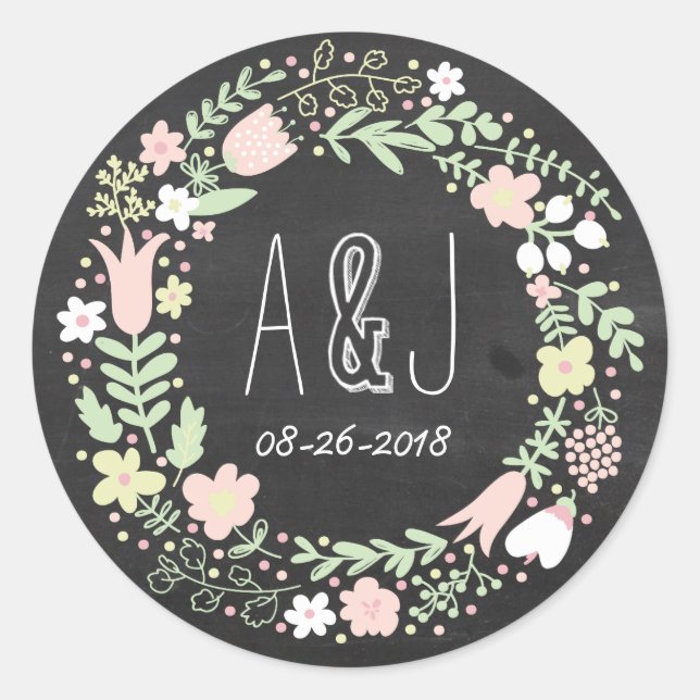 Pegatina Redonda Boho Flower Wreath Rustic Chalkboard Boda (Anverso)