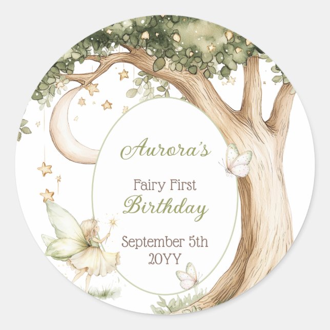 Pegatina Redonda Boho forest watercolor Fairy First birthday (Anverso)