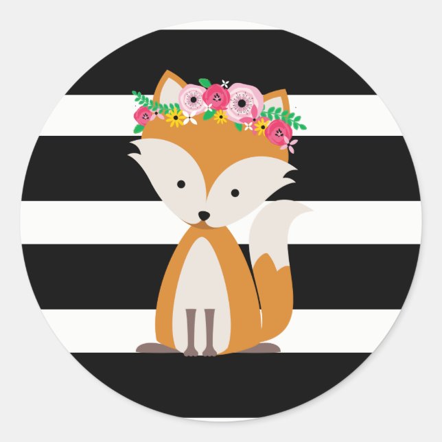 Pegatina Redonda Boho Fox Black + White Stripe Baby Shower (Anverso)