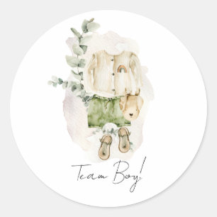 Pegatina Redonda Boho Gender Revelar Team Boy Baby Shower