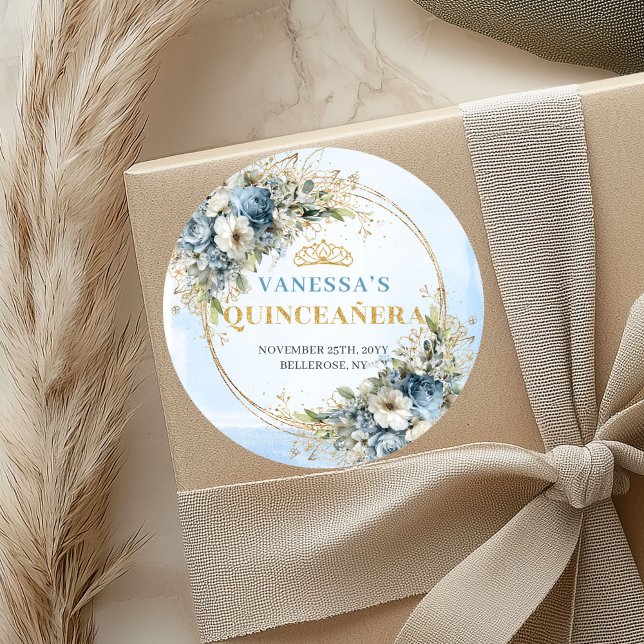 Pegatina Redonda Boho Graceful Pale Blue Gold Greenery Quinceañera (Graceful Pale Blue Gold Greenery Quinceañera Sticker)