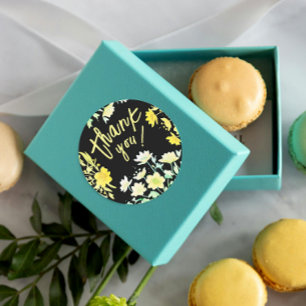 Pegatina Redonda Boho Gracias Verde Amarillo Negro Floral