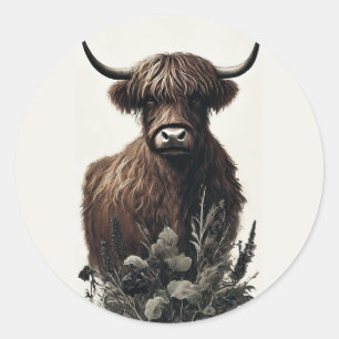 Pegatina Redonda Boho Highland Cow