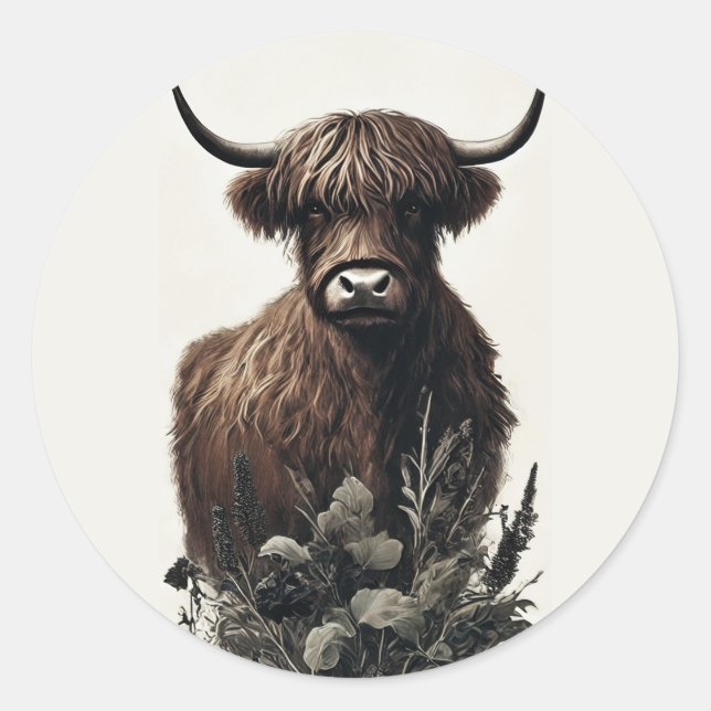 Pegatina Redonda Boho Highland Cow (Anverso)