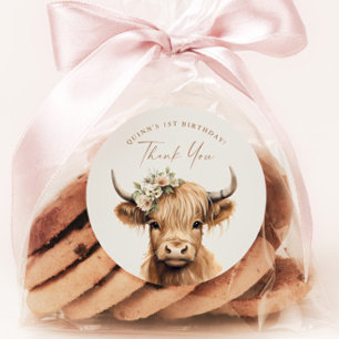 Pegatina Redonda Boho Highland Cow Cumpleaños infantil Gracias