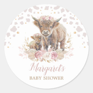 Pegatina Redonda Boho Highland Cow Floral Pampas Niña bebé de hierb
