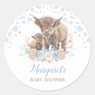 Pegatina Redonda Boho Highland Cow Floral Pampas Niño