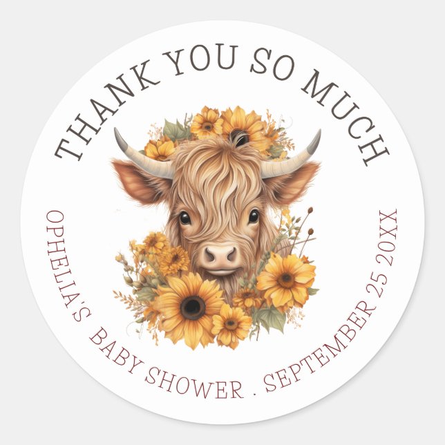Pegatina Redonda Boho Highland Cow Gracias Baby Shower (Anverso)
