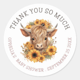 Pegatina Redonda Boho Highland Cow Gracias Baby Shower