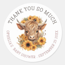 Pegatina Redonda Boho Highland Cow Gracias Baby Shower