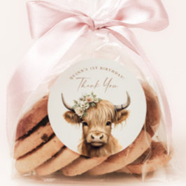 Pegatina Redonda Boho Highland Cow Niños Fiesta de cumpleaños graci
