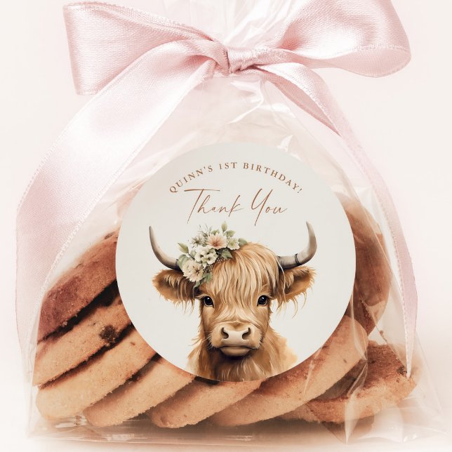 Pegatina Redonda Boho Highland Cow Niños Fiesta de cumpleaños graci (Highland Cow Kids Birthday Party Favor or Envelope Tag Thank You Sticker.)