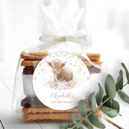 Pegatina Redonda Boho Highland Vaca Rosas morados Floral 1er cumple