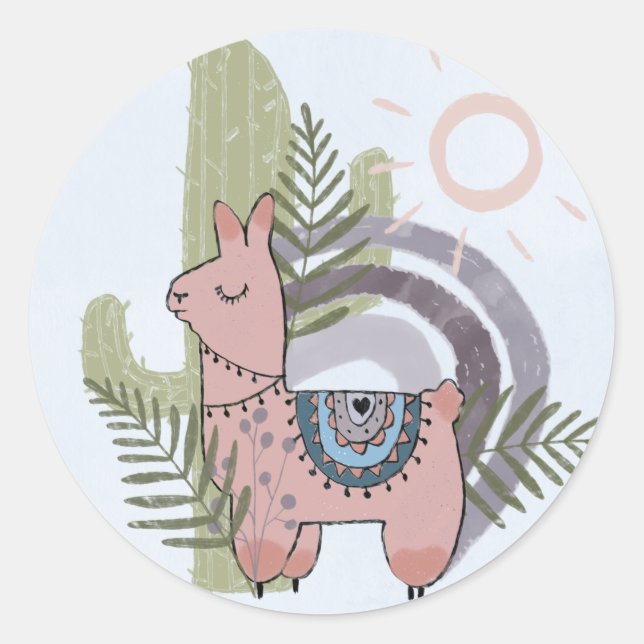 Pegatina Redonda Boho Llama (Anverso)