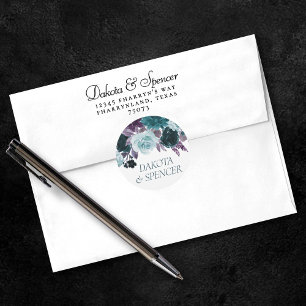 Pegatina Redonda Boho Malhumorado   Boda Floral Oscura Turquesa Ver