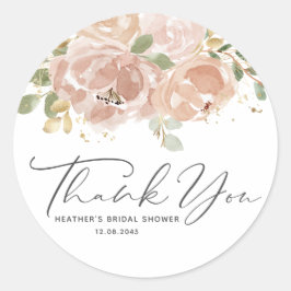 Pegatina Redonda Boho Mauve Peach Flowers Bridal Shower Gracias