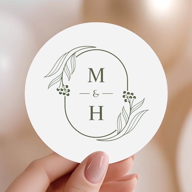 Pegatina Redonda Boho Minimalist Monogram  Olive Green Wedding  (Subido por el creador)