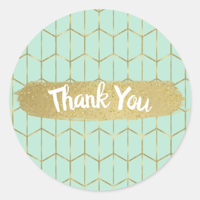 Pegatina Redonda Boho Mint Green Hexagon Gold Geometric Sweet 16 (Anverso)