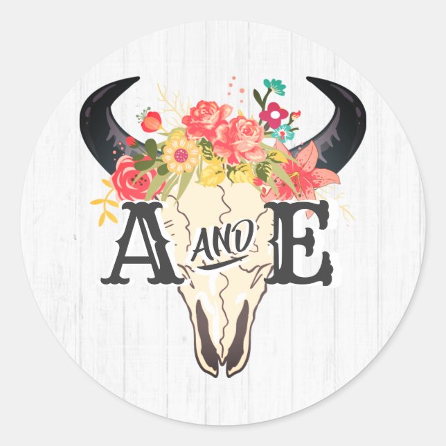 Pegatina Redonda Boho Moda Cow Skull Floral Rustic Monograma Boda (Anverso)