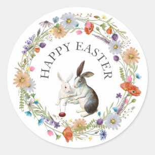 Pegatina Redonda Boho Moda Feliz Conejo de Pascua Flores Silvestres
