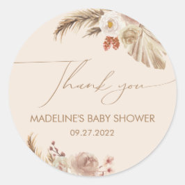 Pegatina Redonda Boho Moda Pampas Grass Baby Shower Gracias