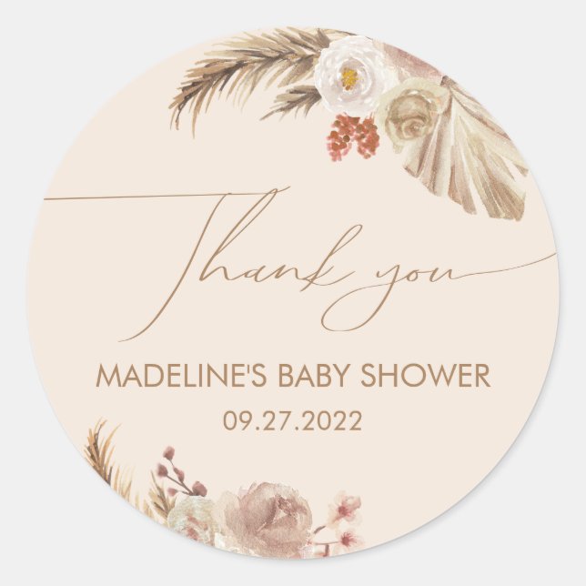 Pegatina Redonda Boho Moda Pampas Grass Baby Shower Gracias (Anverso)