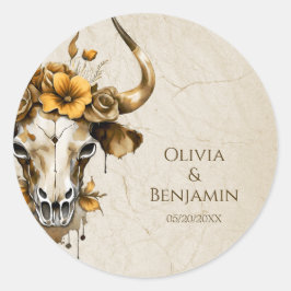 Pegatina Redonda Boho Moda Watercolor Floral Cow Skull Boda
