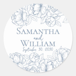Pegatina Redonda Boho Modern Periwinkle Boda Floral Elegante Azul