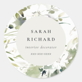 Pegatina Redonda Boho moderno Resumen Negocio Floral Blanca Verde