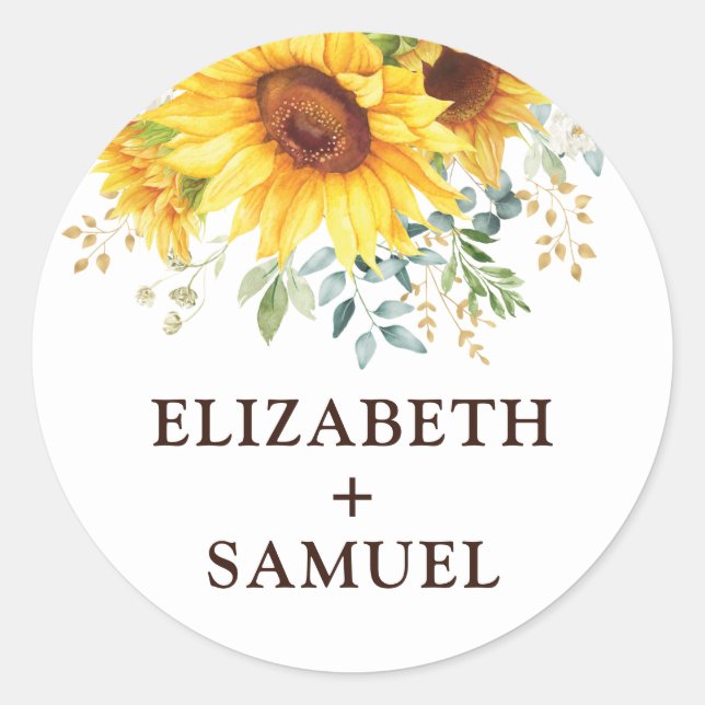 Pegatina Redonda Boho Moderno Sunflower Summer Garden Wedding (Anverso)