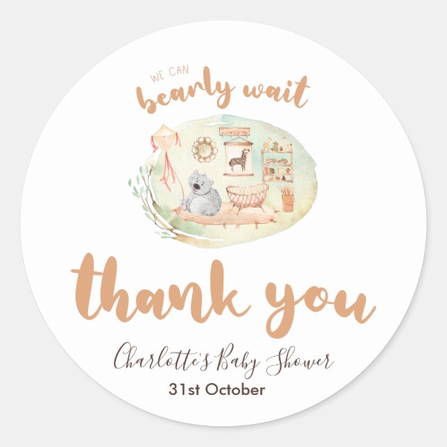 Pegatina Redonda Boho Nursery We Can Bearly Wait Baby Shower (Anverso)