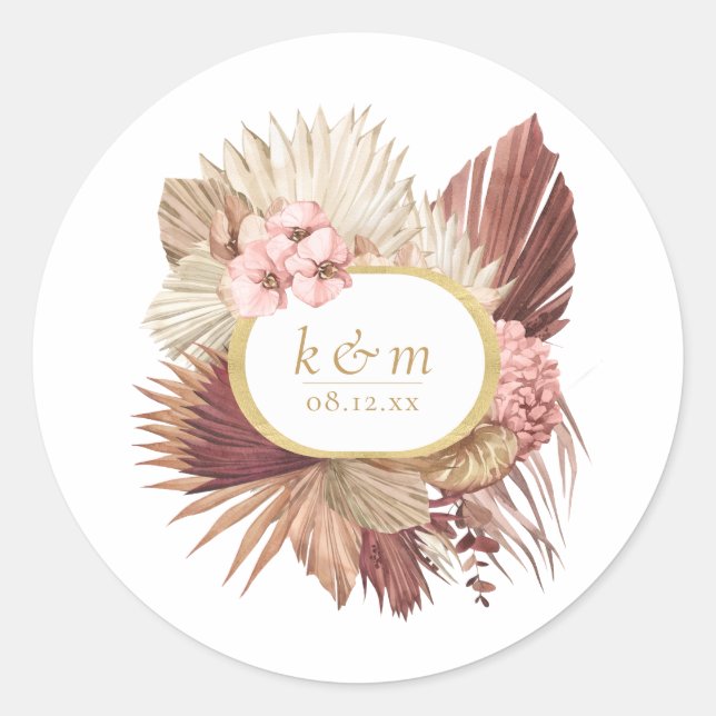 Pegatina Redonda Boho Oasis Floral para Boda Marco ID959 (Anverso)